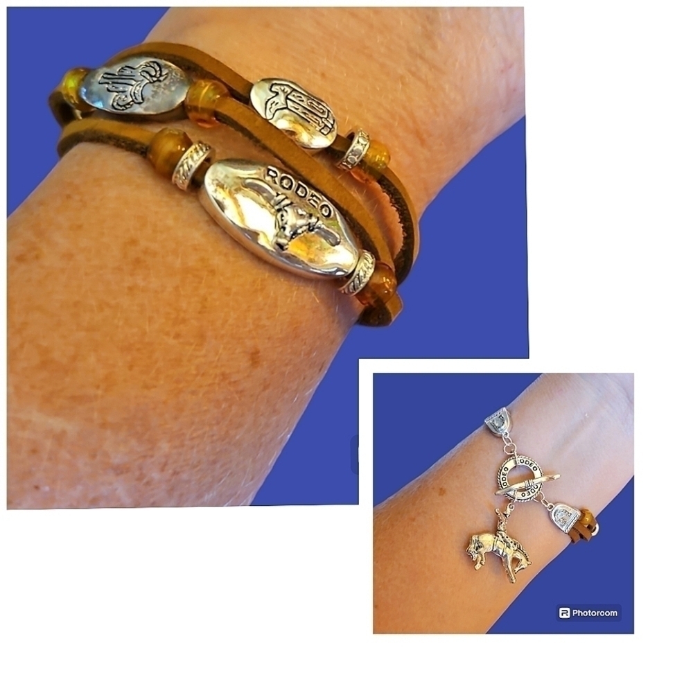 VTG Leather Western Cowgirl Rodeo Charm Toggle Bracelet